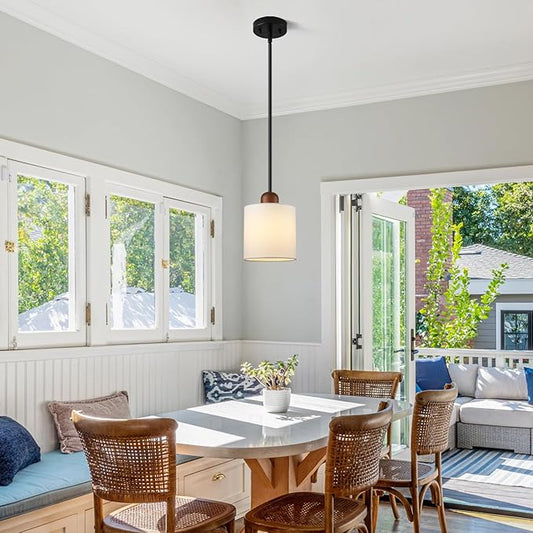 5.9” Drum Pendant Light with White Fabric Shade Modern Hanging Pendant Light Fixture| Adjustable Semi Flush Mount Kitchen Island Dining Room Bedroom Black 1 Pack