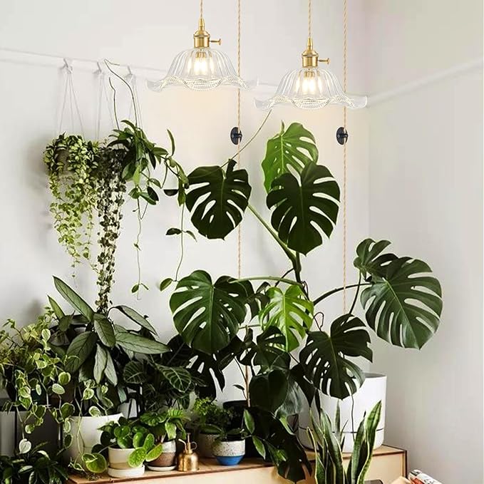 Plug in Pendant Light Vintage, Adjustable Pulley Hanging Lamp with Transparent Lily Glass Shade, Brass Hanging Lights with Plug in Cord for Kitchen, Compatible with Indoor Plant Grow Light Bulbs