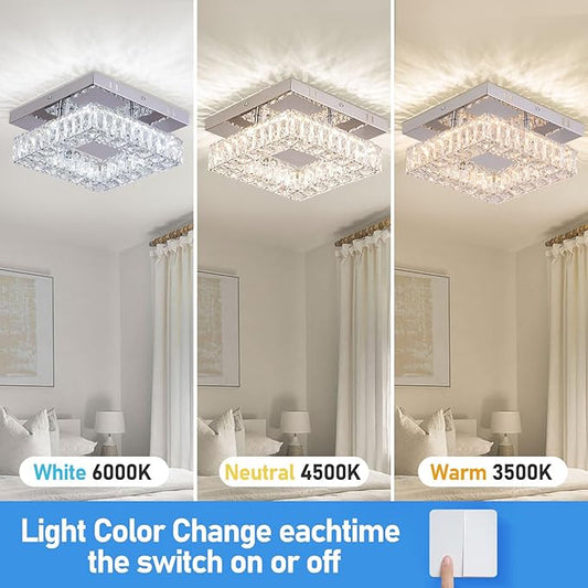 9.8" Modern Crystal Ceiling Light Fixture Mini Square Chandelier Flush Mount Light Fixture Ceiling Lamp for Small Hallway Foyer Entryway Bedroom, 3 Colors Adjustable