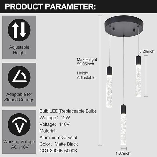 3 Light Pendant Lights Kitchen Island,Modern LED Bubble Crystal Pendants with Dimmable 3000K-6000K Ceiling Hanging Light Fixture for Dining Room Bedroom,Matte Black Finish,Adjustable Height 59"