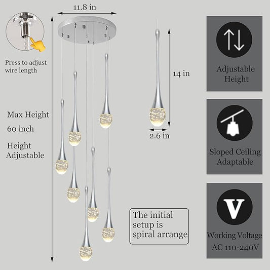 Modern Crystal Chandelier 7-Lights Chrome, H60'' High Ceiling Spiral Dimmable LED Bubble Crystal Raindrop Light Fixture for Foyer Entryway Dining Room Remote Control