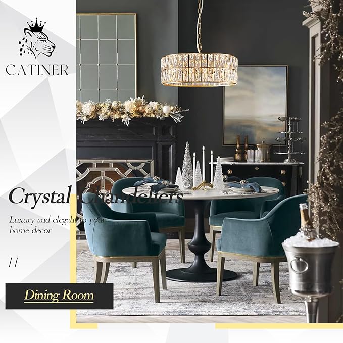 CATINER Modern Crystal Chandelier for Dining Room Gold Semi Flush Mount Ceiling Light Fixtures 18” Large Round Crystal Pendant Lighting for Foyer Bedroom Living Room