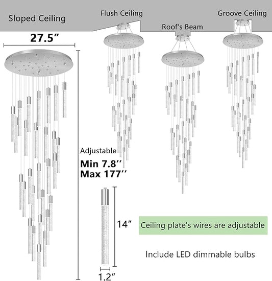HAIXIANG W27.5 x H177 Large Glam Chandelier Bubble Crystal Ceiling Chandeliers Remote Dimmable LED Light High Ceiling Pendants Light Fixtures Adjustable Long Lights 28-Lights Silver Lamp