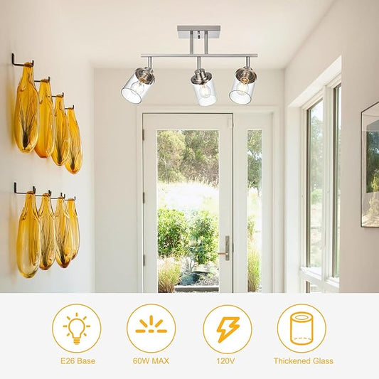 Yaohong 3-Light Track Lighting Kit Brushed Nickel Track Lighting Fixtures, Bathroom Wall Light Ceiling Mount Rotatable Spotlights, Kitchen Ceiling Light Fixtures with Glass Shade for Bathroom Hallway
