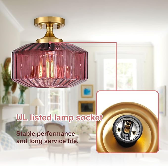 Flush Mount Ceiling Light Fixtures,1-Light Gold Light Fixture with Seeded Purple Glass Shade, 11.02 Inch Industrial Ceiling Lamp for Hallway Foyer Porch