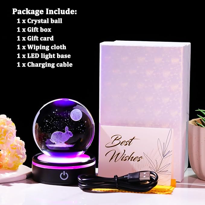 YWHL 3D Crystal Ball Moon Rabbit Figurine with Colorful LED Base, Bunny Gifts for Women Men on Birthday Christmas Rabbits Statue Glass Animal Bunny Statue Night Light for Home Decor (80mm)