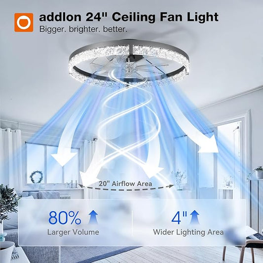 addlon Ceiling Fans with Lights and Remote, 24'' Low Profile Flush Mount Ceiling Fan, 3000–6000K Dimmable LED Fandelier, Bladeless Crystal Fan Light for Bedroom, Kitchen, Living Room, Black