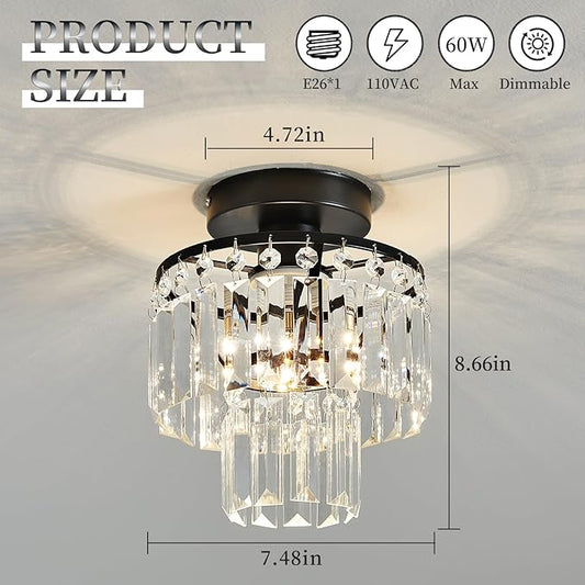 Mini Crystal Chandelier,Black Crystal Chandeliers,2-Tier Semi Flush Mount Chandelier Pendant Lighting Fixture for Living Room Dining Room Corridors Bedroom Hallway E26 Base