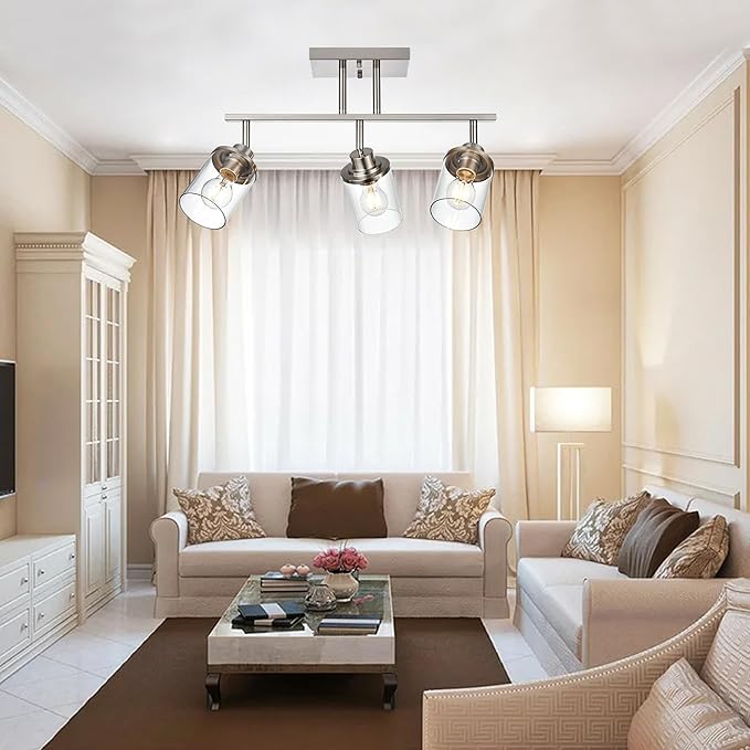 Track Lighting Fixtures 3 Light Directional Ceiling Lights with Adjustable Track Heads, Brushed Nickel Bathroom Vanity Light with Clear Glass Shade