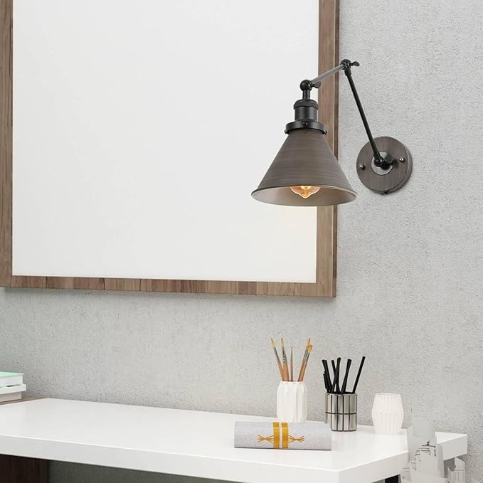 LALUZ Black Wall Sconces Lighting, Modern Swing Arm Plug-in or Hardwired Adjustable Wall Lamp with Antique Silver Finish for Bedroom, Kitchen, and Living Room