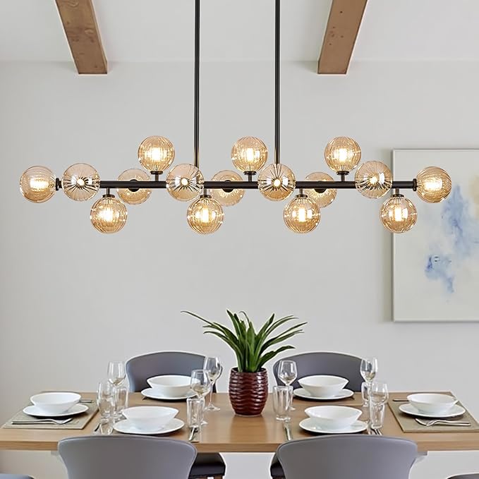 Large Linear Chandeliers for Dining Room Kitchen Island, 55" Long Light Fixture Over Table, 16-Light Modern Globe Sputnik Farmhouse Chandelier, Black and Amber Bubble, GC-08