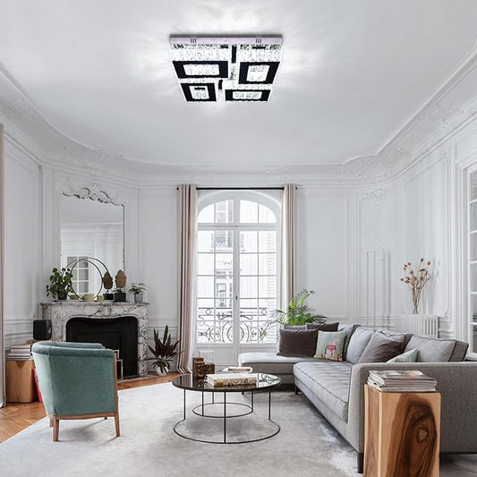 13.1'' Modern Square Crystal Chandeliers Flush Mount Square Crystal Ceiling Light Fixtures Stainless Steel LED Chandelier Light for Bedroom Dining Room Hallway Cool White