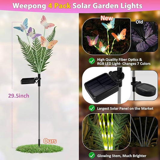 Weepong Solar Garden Lights 4 Pack Waterproof Decorative Solar Lights Outdoor with Glowing Stems,7-Color Changing Fiber Optic Butterfly Light for Outside Yard Lawn Garden Decor, Gifts for Women