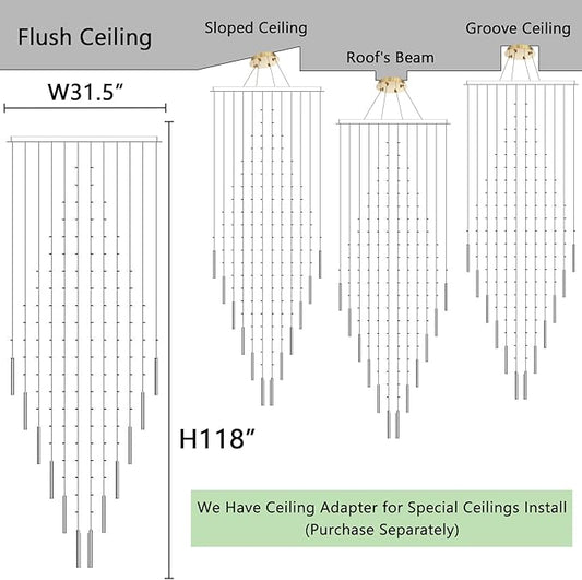 HAIXIANG W32 x H120 Glam Chandelier with LED Bulbs Square Chandeliers, Crystal Raindrop High Ceiling Pendant Light for Entrance Large Villa Foyer Lighting Fixtures Gold