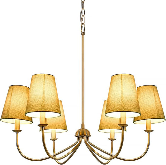 Gold Chandelier, Brushed Brass with Green Fabric Shade, 6-Light 28" Modern Farmhouse Linear Pendant Lighting Fixture for Dining Living Room Kitchen Island Bedroom