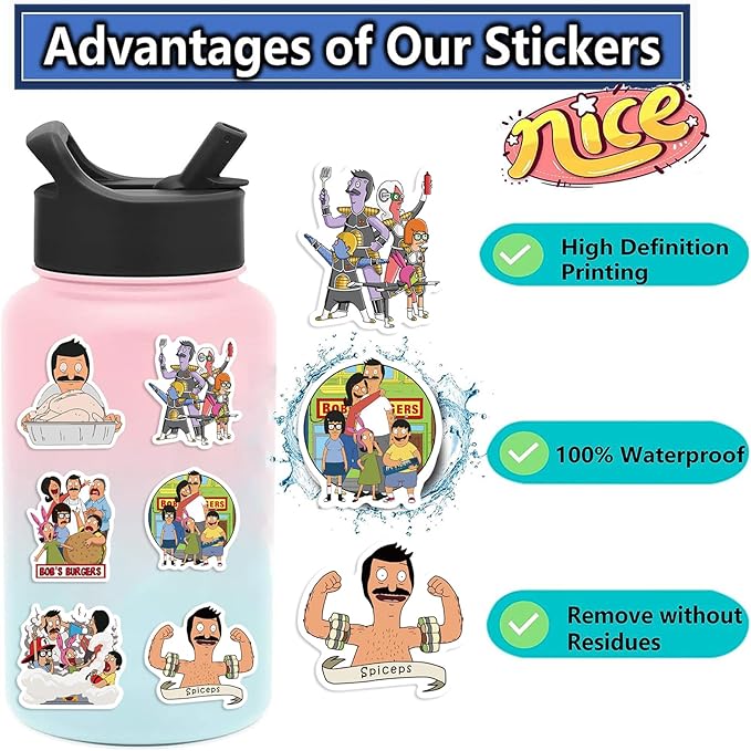 50pcs Bob's Burgers Stickers for Teens Adult, Waterproof Vinyl Cartoon Movie Decal for Water Bottle Skateboard Guitar Travel Case Bike Laptop,Car Bumper,Luggage,Phone (bob)