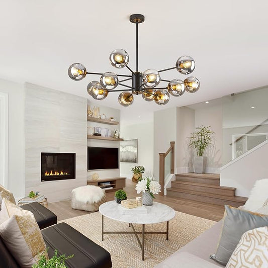 DDLLDESHI 2 Tiered Modern Gold Chandelier Sputnik Ceiling Light Fixture with 12 Globe Glass Bubble Shade Chandeliers for Dining Room Hotel Bar Home Billiard Room (41" Large Black Chandelier)