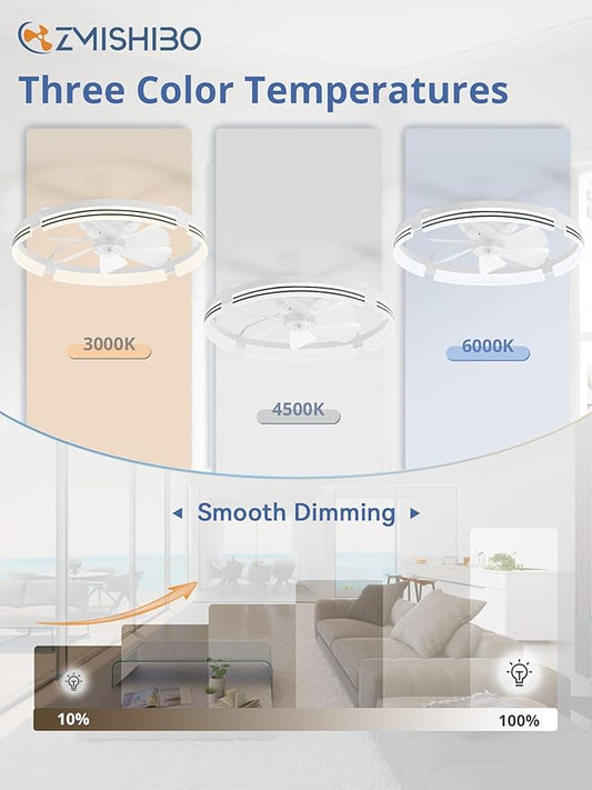ZMISHIBO 24 Inch Low Profile Ceiling Fans with Lights and Remote, 3000K-6000K Dimmable Fandelier LED Fan Light, Flush Mount Ceiling Fan with Light, 6 Wind Speeds Ceiling Fans for Bedroom- White