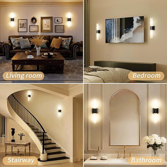 Kalium Bathroom Wall Sconces Set of Two, 21 Inch Modern Vanity Lights with Frosted Glass Shade, Bathrooms Vanity Lighting Fixtures for Mirror Bedroom Living Room Hallway (Black)