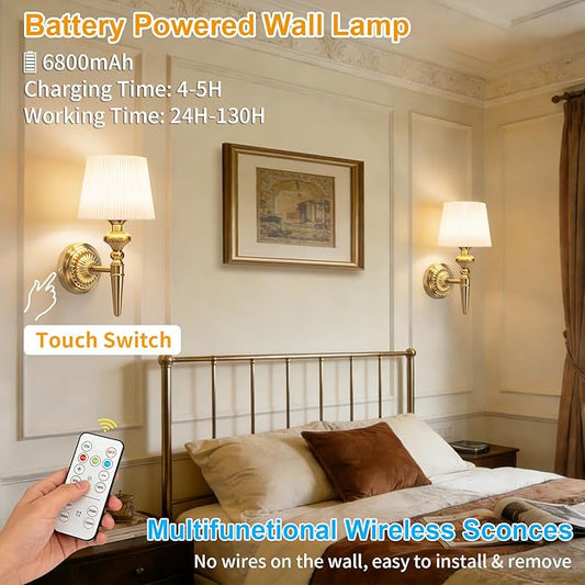Cordless Battery Powered Wall Sconce Vintage Set of 2, Touch Type & Remote, Timer, Wireless 6800mAh Rechargeable Battery Small Wall Lamp for Wall Painting, Living Room, Bedroom, Hallway, Gifts(Gold)