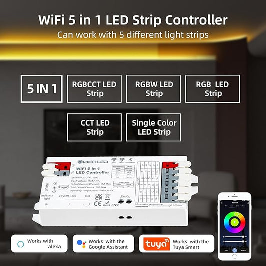 GIDERWEL Smart 5 in 1 WiFi LED Controller RGBWW for Strip Lights RGBCCT RGBW RGB CCT and 5 White Strips,Work with Alexa/Google Assistant,APP/Voice Control Color Change Dimming(Only a WiFi Controller)