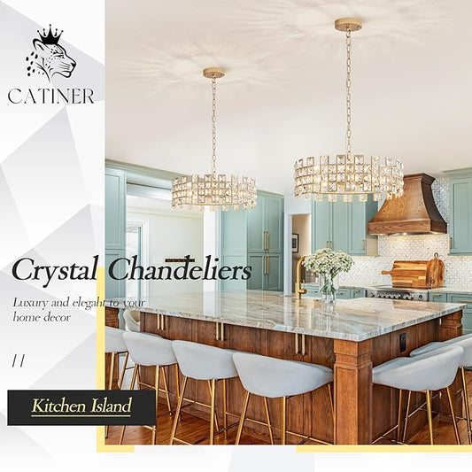 CATINER Gold Crystal Chandelier 18'' Round, Modern 6-Light Semi Flush Mount Ceiling Light, Adjustable Hanging Crystal Pendant Light with G9 Base for Kitchen Island, Dining Room, Bedroom, Entryway