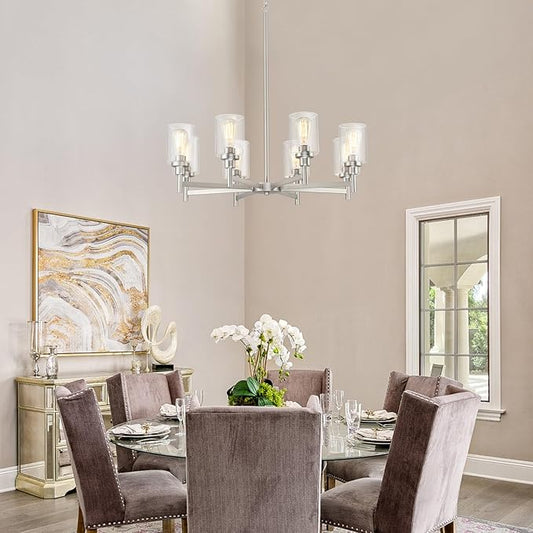 Brushed Nickel Chandeliers for Dining Room | 8 Lights Living Room Light Fixture Over Table | Farmhouse Chandelier with Clear Glass Shade | Hallway Lighting for Kitchen Island | Bedroom | Restaurant