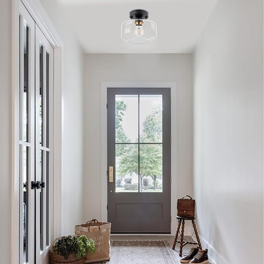 BISAMIYA Modern Semi Flush Mount Ceiling Light - Matte Black with Brass Accent & 8.66” Clear Glass Shade - for Kitchen, Dining Room, Hallway & Entryway