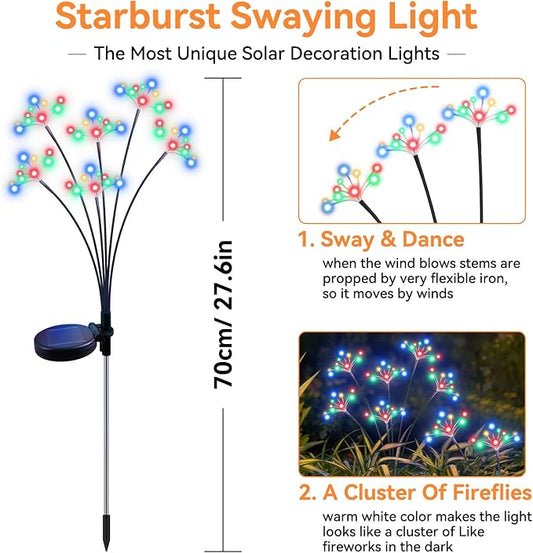 Solar Garden Lights 2 Pack Waterproof Solar Swaying Starburst Light Outdoor Lights for Yard Patio Walkway Pathway Party Wedding Christmas Decorative, Multicolor