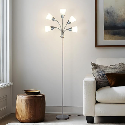 Brightech Medusa Modern LED Floor Lamp – Multi Head Floor Lamp for Living Rooms & Offices – Tall Lamp with Interchangeable Shade, Standing Lamp with 5 LED Bulbs for Hobbies - Silver