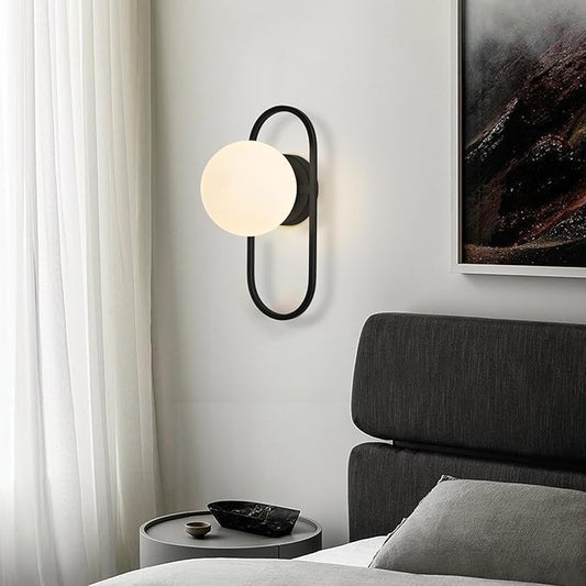 SeeU Vintage Black Wall Sconces Set of Two Globe Wall Lamp with Milky Glass Shades Modern Wall Light Fixtures for Living Room, Bedroom, Stairs, Hallway