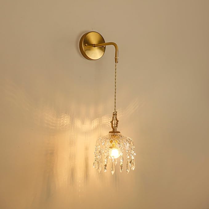 Vintage Crystal Wall Sconce, Brass Finish Pendant Light Fixture with Hanging Crystals, Elegant Diamond Cut Glass Shade (1, S)