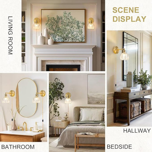 Plug in Wall Sconces Set of 2, Vintage Wall Sconce Light with Tulip Transparent Glass Lampshade, Bedroom Wall Sconce with Switch and Plug in wall lamp Cord, Gold Wall Light Wall Decor Set of 2