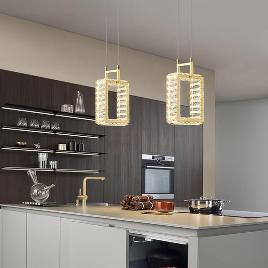 Kitchen Island Mini Light Fixture Modern Led Crystal Pendant Light Gold Rectangle Chandelier for Dining Room Living Room Kitchen Bedroom Bar(1-Pack)