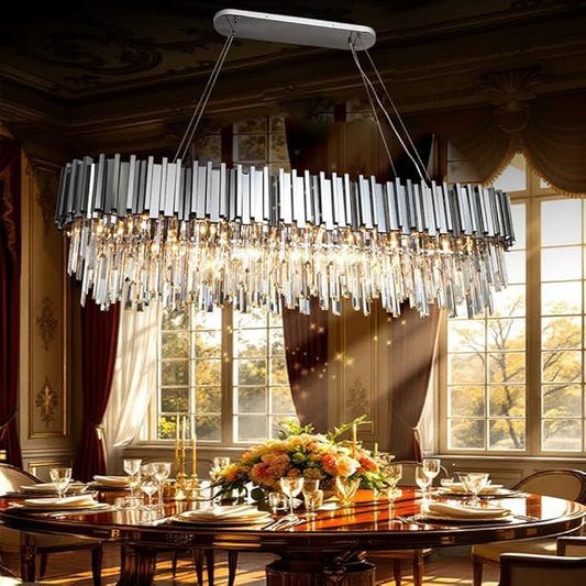 Chrome Rectangle Crystal Chandeliers L59'' Rectangular Modern Chandeliers for Dining Room 22 Light Contemporary Chrome Light Fixture Over Dining Table Extra Large