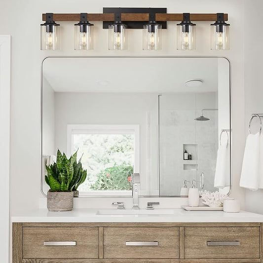DUJAHMLAND 6-Light Wood Vanity Light,40.5 inch Farmhouse Bathroom Metal Wall Sconce with Cylinder Clear Glass Shade,Industrial Wall Light Fixtures for Hallway,Kitchen,Bedroom(Wood, 6-Light)