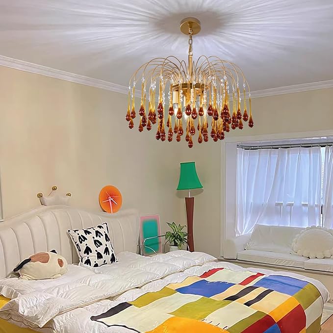 TOCHIC Crystal Gold Chandelier Modern Chandeliers for Dining Room, Raindrop Crystal Chandelier Light Fixture, Vintage Pendant Lighting for Living Room, Bedroom, Bathroom, Foyer, Kitchen Island, 24.5”W