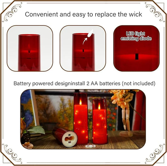 Nimiko Flickering Flameless LED Candles,Battery Operated Candles 9 Pcs with Embedded Star String,Acrylic LED Pillar Candles with Remote,Suitable for Home Decoration to Create an Atmosphere(Red)