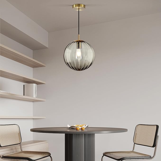 Modern Smoke Grey Glass Pendant Light, Kitchen Island Lighting Single Globe Pendant Light Fixtures Century Kitchen Island Pendant Lighting for Bedroom Living Dining Room Light Fixture (Without Bulb)