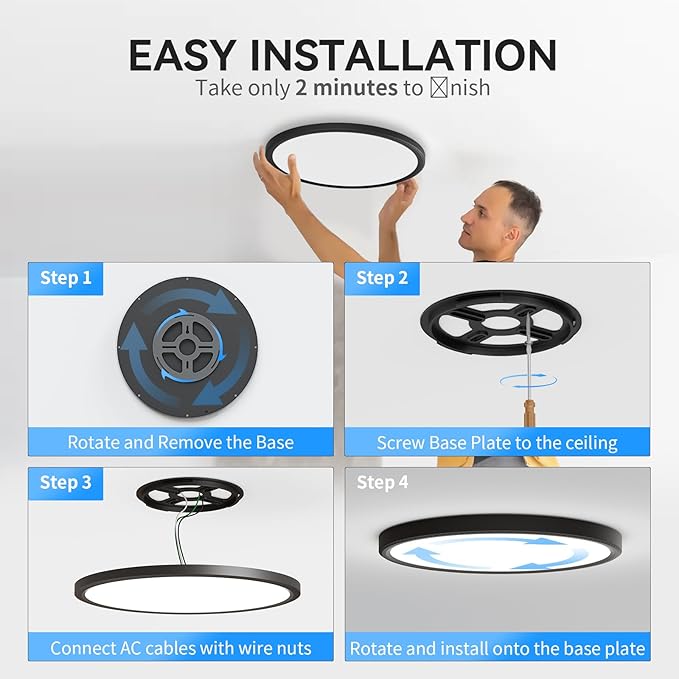 WKONCLDY 4700lm LED Flush Mount Ceiling Light, Super Slim 16 inch LED Ceiling Light, 5000K LED Ceiling Light for Bedroom, Living Room, Dining Room (Black, Four Pack)