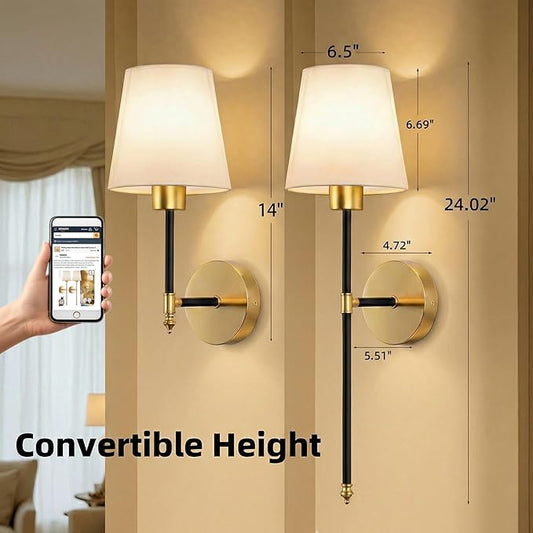 IRONPAX Wall Sconces Battery Operated Set of 2, Wireless Rechargeable Wall Sconce Set of Two, Dimmable Wall Lights with Remote for Bedroom Living Room Hallway Decor (Black-Gold, Fabric Shade)