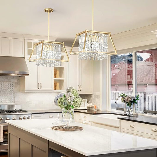 LMQNINE Farmhouse Chandelier - Gold Metal Crystal Pendant Light for Kitchen, Dining Room, Living Room - Flat and Inclined Ceiling (Trapezoid -15.74in)