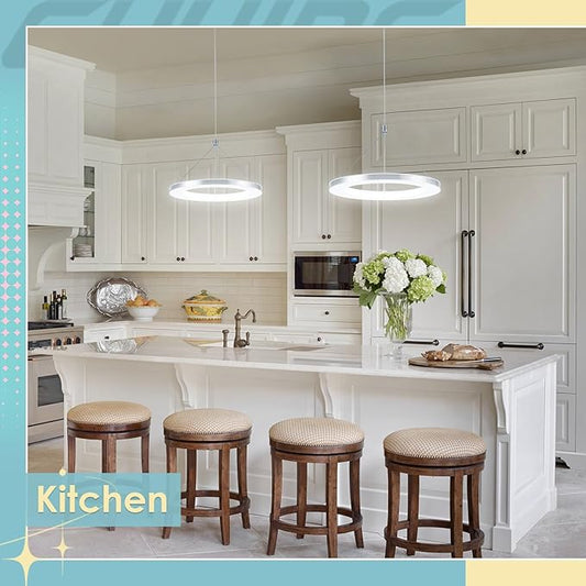 CHYING LED Pendant Lights Kitchen Island, 11.8" 15W Cool White Modern Ring Chandelier, Adjustable Height Silver Hanging Pendant Ceiling Light for Dining Room Bedroom Hallway Entryway, 6500K