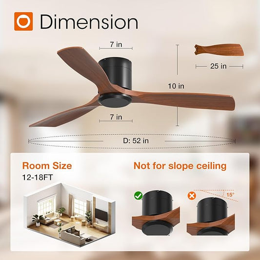 addlon 52 inch Ceiling Fans No Lights, Low Profile Ceiling Fan with Remote Control, Flush Mount, Reversible, 3 Wood Blades, 6 Speeds, Noiseless, Black Walnut Ceiling Fan for Indoor/Outdoor Use