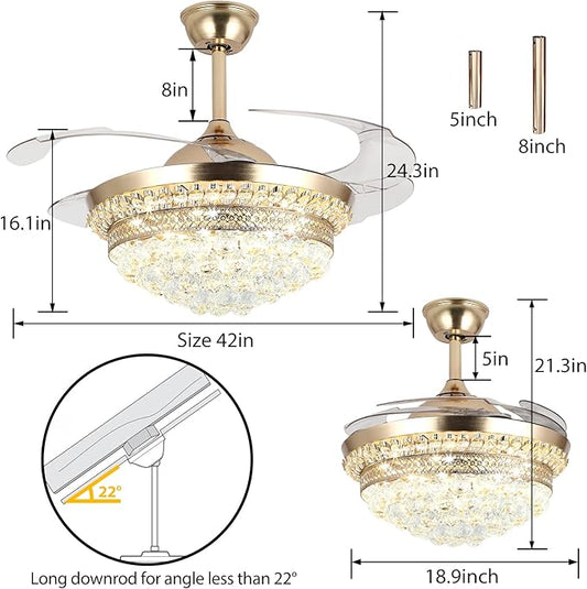42" Invisible Ceiling Fan Chandelier with Light,Modern Crystal Ceiling Fan Light Remote Control 4 Retractable ABS Blades for Bedroom Living Dining Room Decoration (Golden)