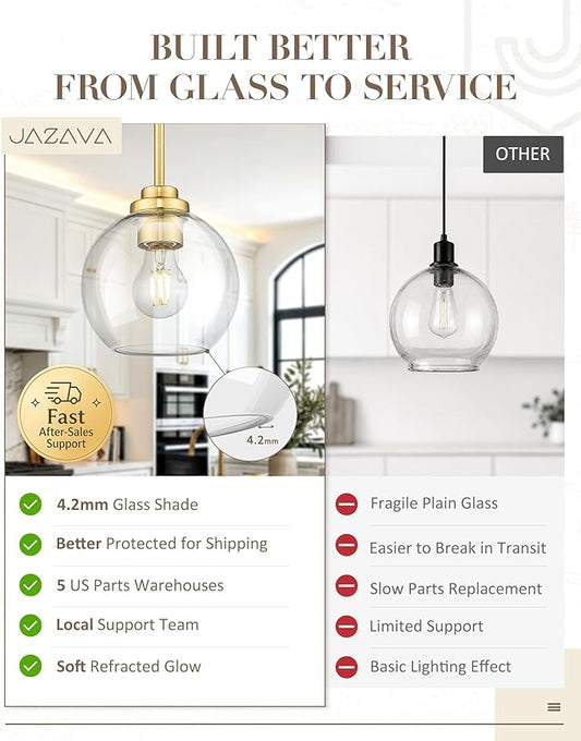 Modern Polished Gold Pendant Light, Mid Century Globe Hanging Light Fixture with Clear Glass for Kitchen Island Dining Room Bedroom Hallway Foyer (2 Pack), PL101BG-2PK