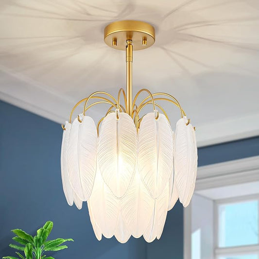 LumFurn D12inch 3-Light Glass Chandeliers, Modern 2-Tier Pendant Light Fixture for Dining Room, Living Room, D12x18~47Inch Adjustable Height, White Frosted Glass Feather Shade & Gold Finish Frame