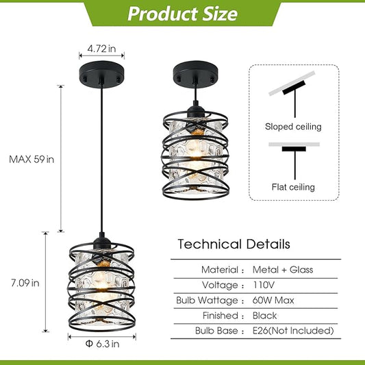 Hammered Glass Pendant Light, Black Metal Spiral Cage Hanging Lamp, Adjustable Height Modern Hanging Light Fixture for Kitchen Island, Dining Room, Living Room, Hallway, Entryway