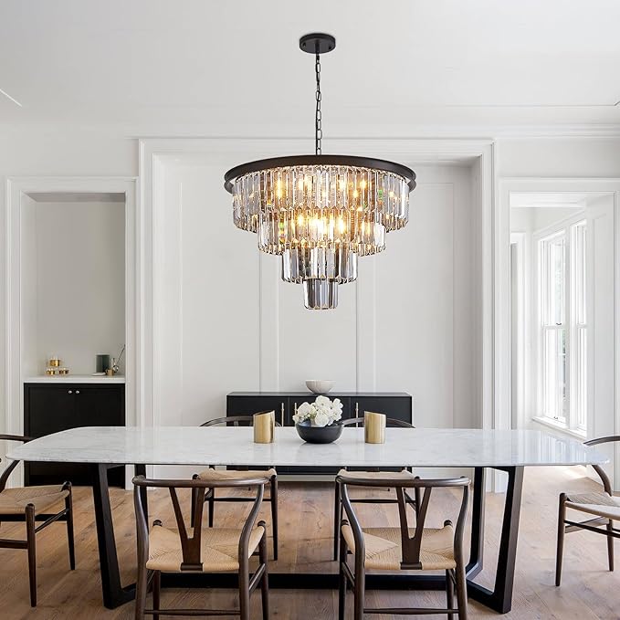 24'' Smoke Gray Crystal Chandelier Black Modern Luxury Light Fixture for Dining Room 4-Tier Round Hanging Pendant Ceiling Lighting for Entryway Foyer Living Room Bed Room Adjustable Height