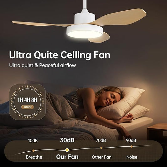 48 Inch Ceiling Fan with Lights Flush Mount Modern Outdoor Ceiling Fans with Remote,3 CCT Dimmable Quiet DC Motor & Timer for Patio/Bedroom/Farmhouse/Indoor (Natural Wood, 48 Inch/Smart Control)